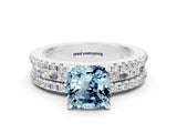 White gold Cushion Cut Aquamarine Solitaire Ring with Pavé and Channel Set Band