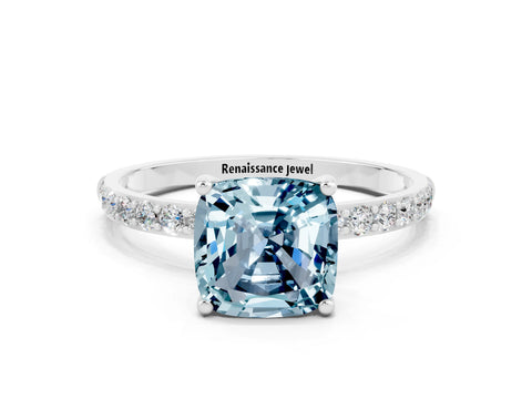 White gold Cushion Cut Aquamarine Solitaire Ring with Pave Band and Four Prong Setting_12
