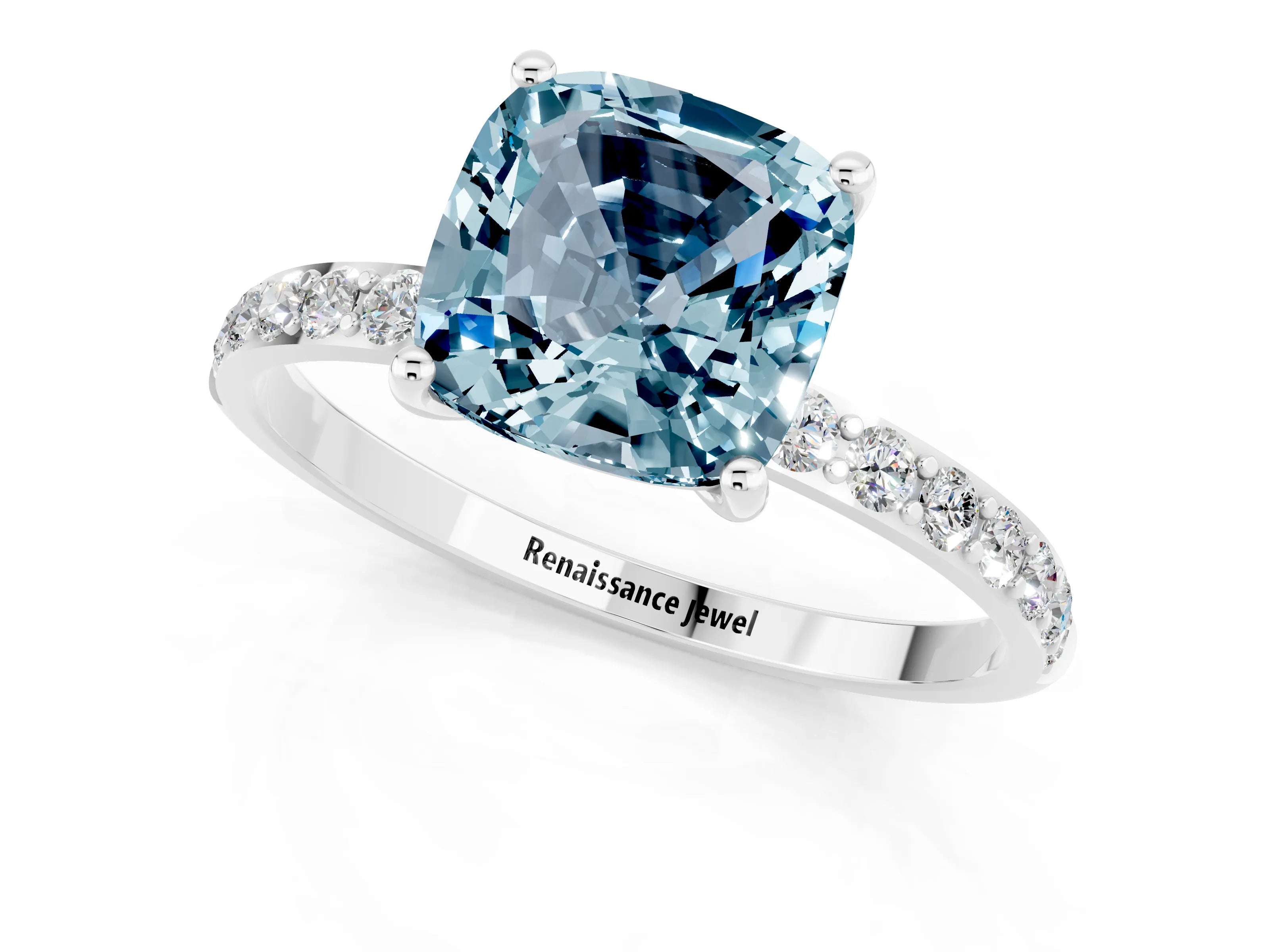 White gold Cushion Cut Aquamarine Solitaire Ring with Pave Band and Four Prong Setting_13