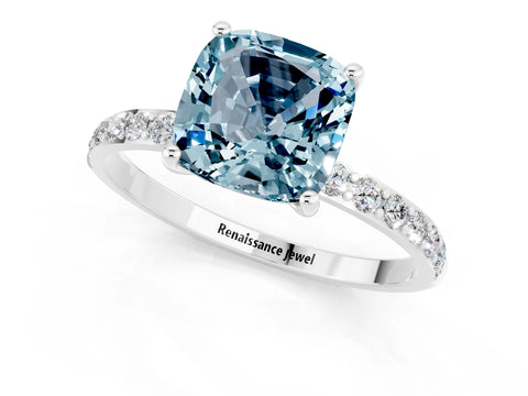 White gold Cushion Cut Aquamarine Solitaire Ring with Pave Band and Four Prong Setting_13