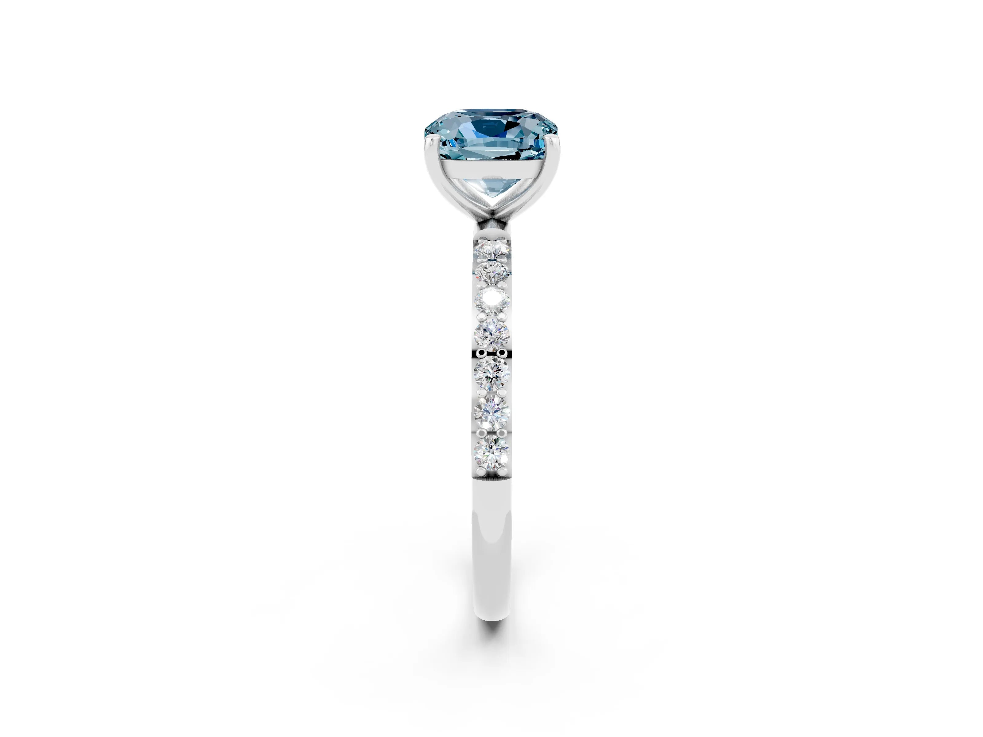 White gold Cushion Cut Aquamarine Solitaire Ring with Pave Band and Four Prong Setting_14