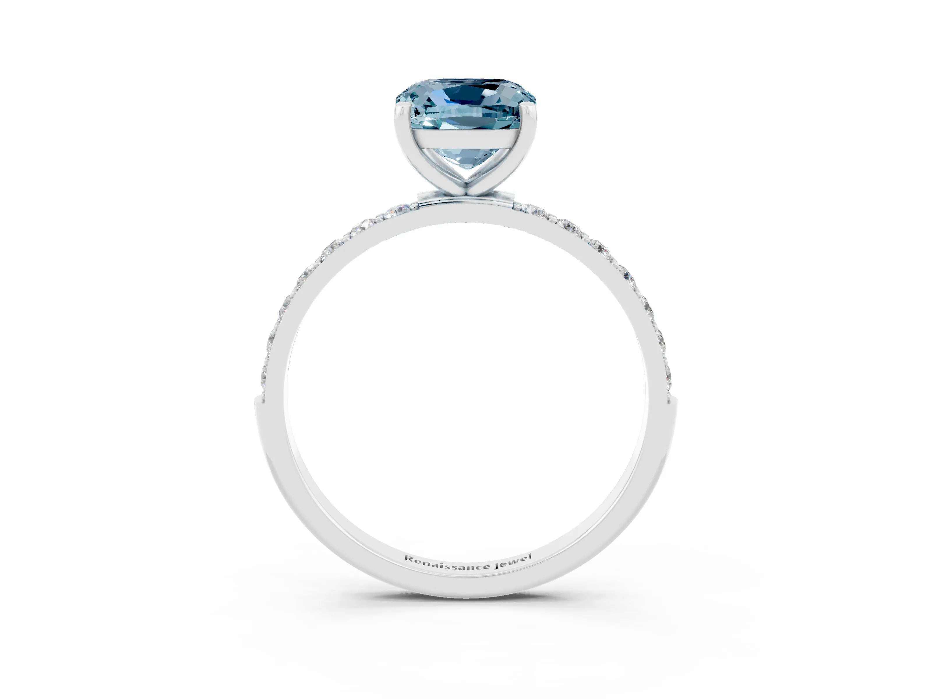 White gold Cushion Cut Aquamarine Solitaire Ring with Pave Band and Four Prong Setting_15