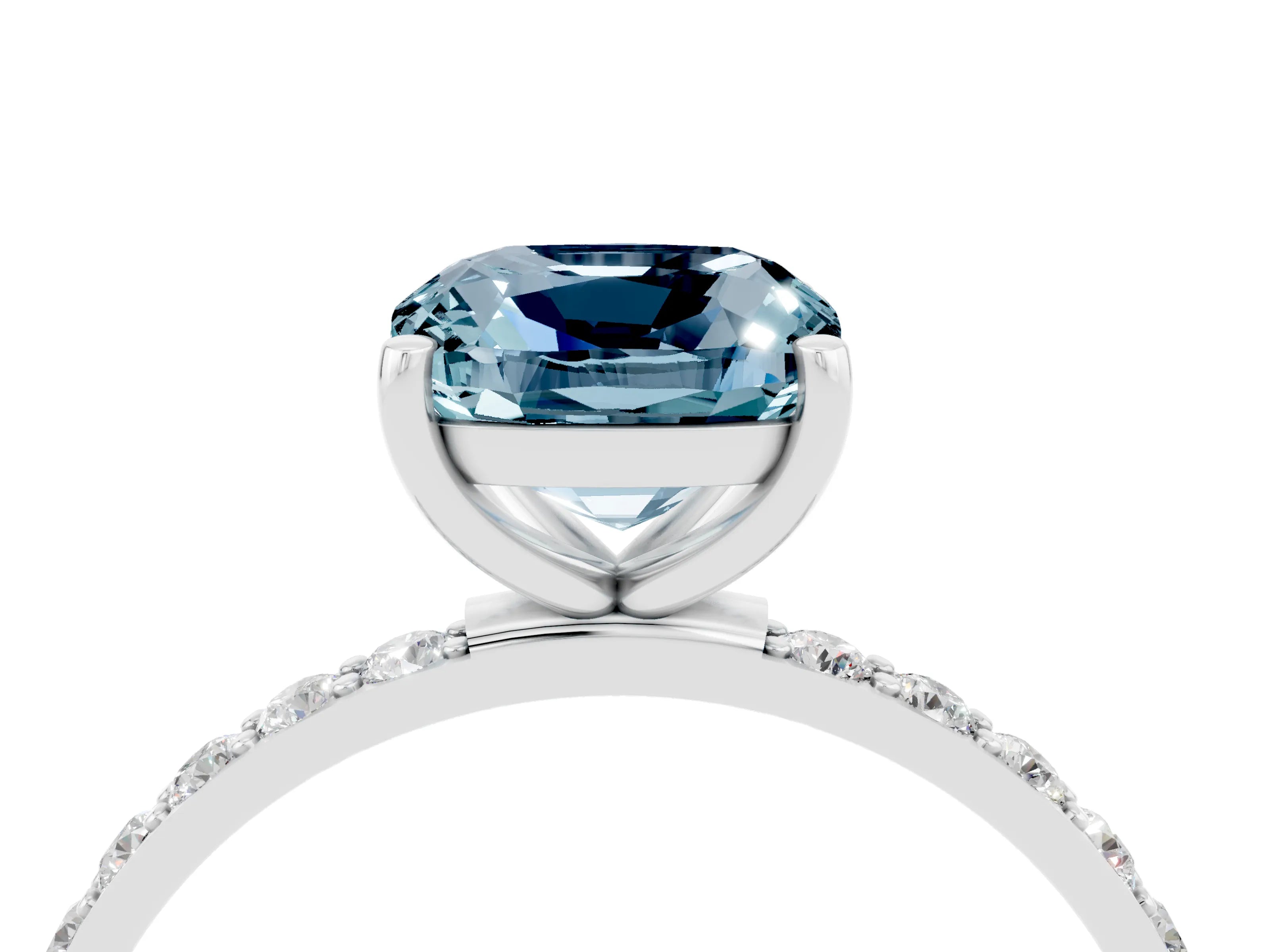 White gold Cushion Cut Aquamarine Solitaire Ring with Pave Band and Four Prong Setting_16