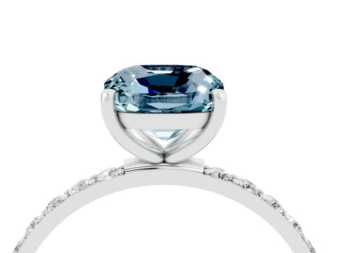 White gold Cushion Cut Aquamarine Solitaire Ring with Pave Band and Four Prong Setting_16
