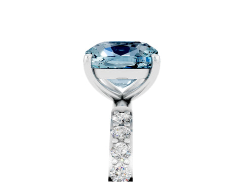 White gold Cushion Cut Aquamarine Solitaire Ring with Pave Band and Four Prong Setting_17