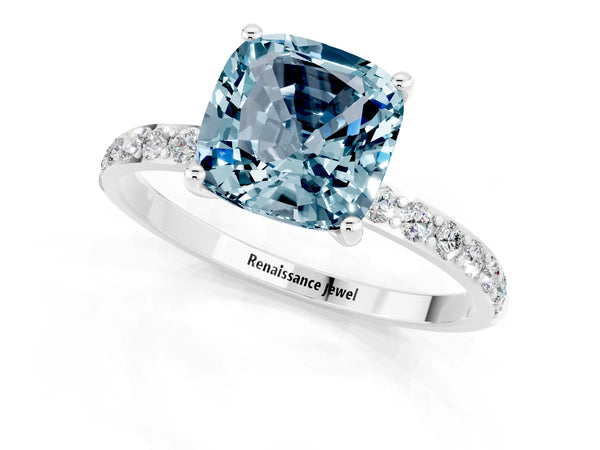 Silver Cushion Cut Aquamarine Solitaire Ring with Round  Pavé Band and Prong Setting