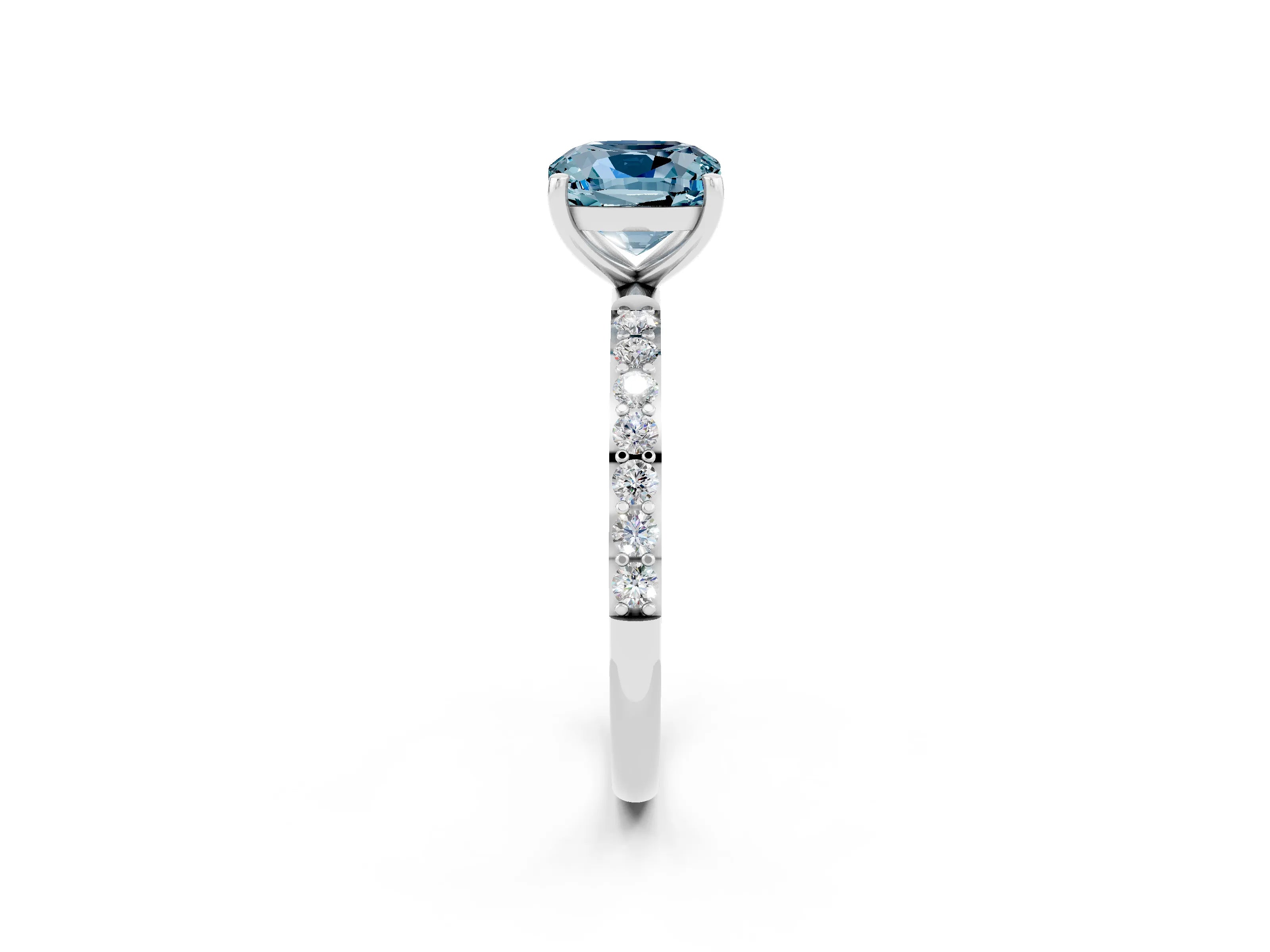 White gold Cushion Cut Aquamarine Solitaire Ring with Pave Band and Four Prong Setting_26