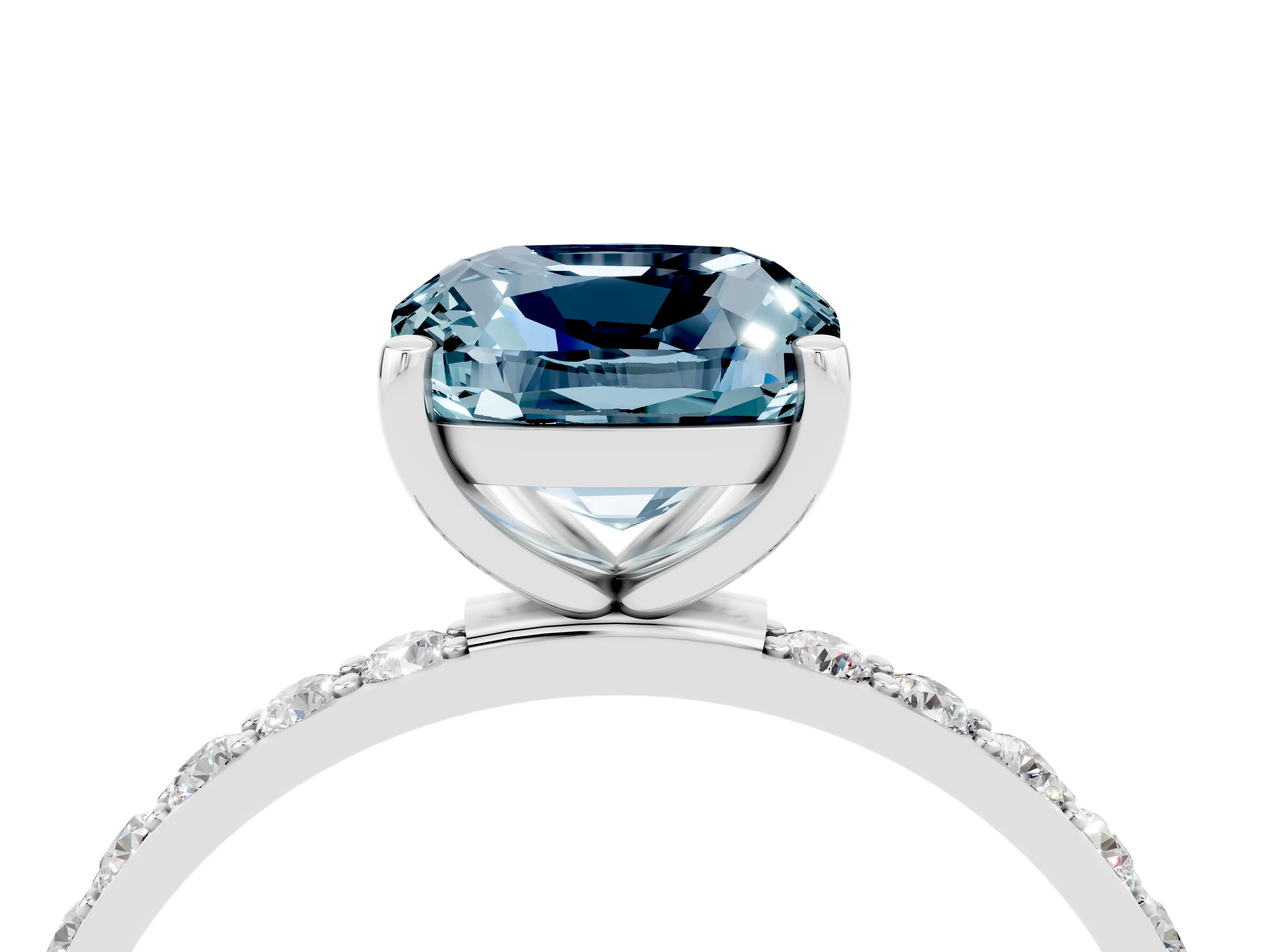 White gold Cushion Cut Aquamarine Solitaire Ring with Pave Band and Four Prong Setting_28