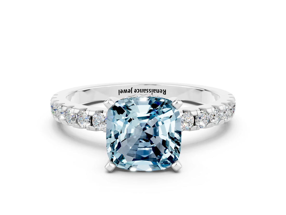 White gold Cushion Cut Aquamarine Solitaire Ring with Round  Pavé Band and Four-Prong Setting_60