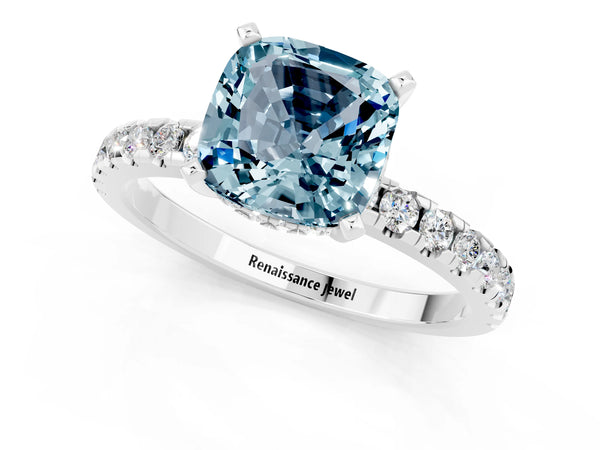 White gold Cushion Cut Aquamarine Solitaire Ring with Round Pavé Band and Four-Prong Setting