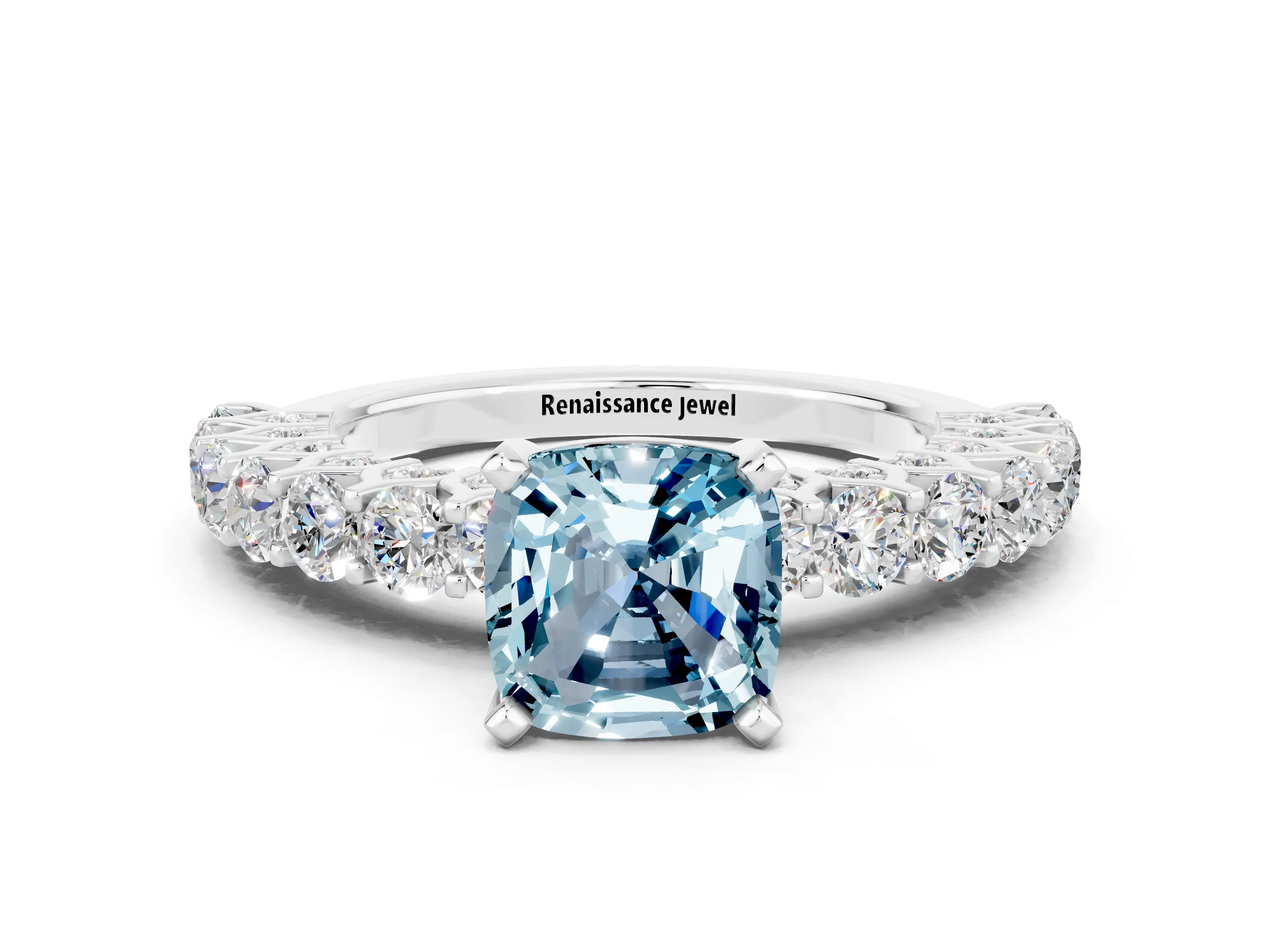 White gold Cushion Cut Aquamarine Solitaire Ring with Shared Prong Pavé Band and Four-Prong Setting