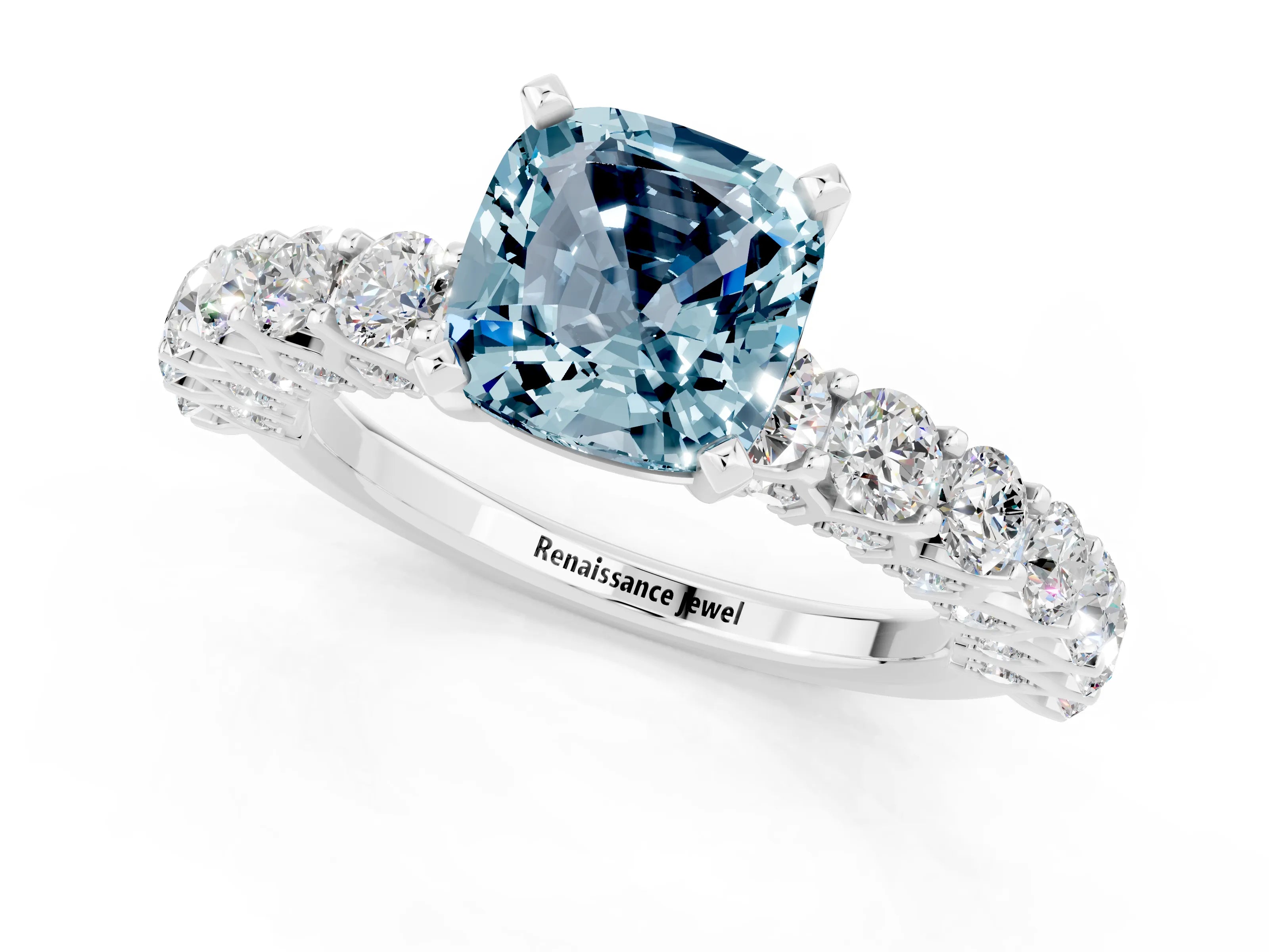 White gold Cushion Cut Aquamarine Solitaire Ring with Shared Prong Pavé Band and Four-Prong Setting_1