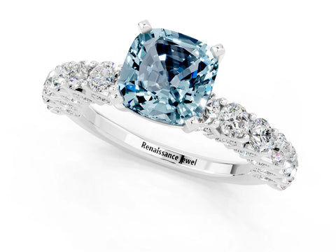 White gold Cushion Cut Aquamarine Solitaire Ring with Shared Prong Pavé Band and Four-Prong Setting_1