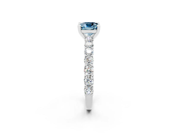 Silver Cushion Cut Aquamarine Solitaire Ring with Shared Prong Pavé Band and Four-Prong Setting