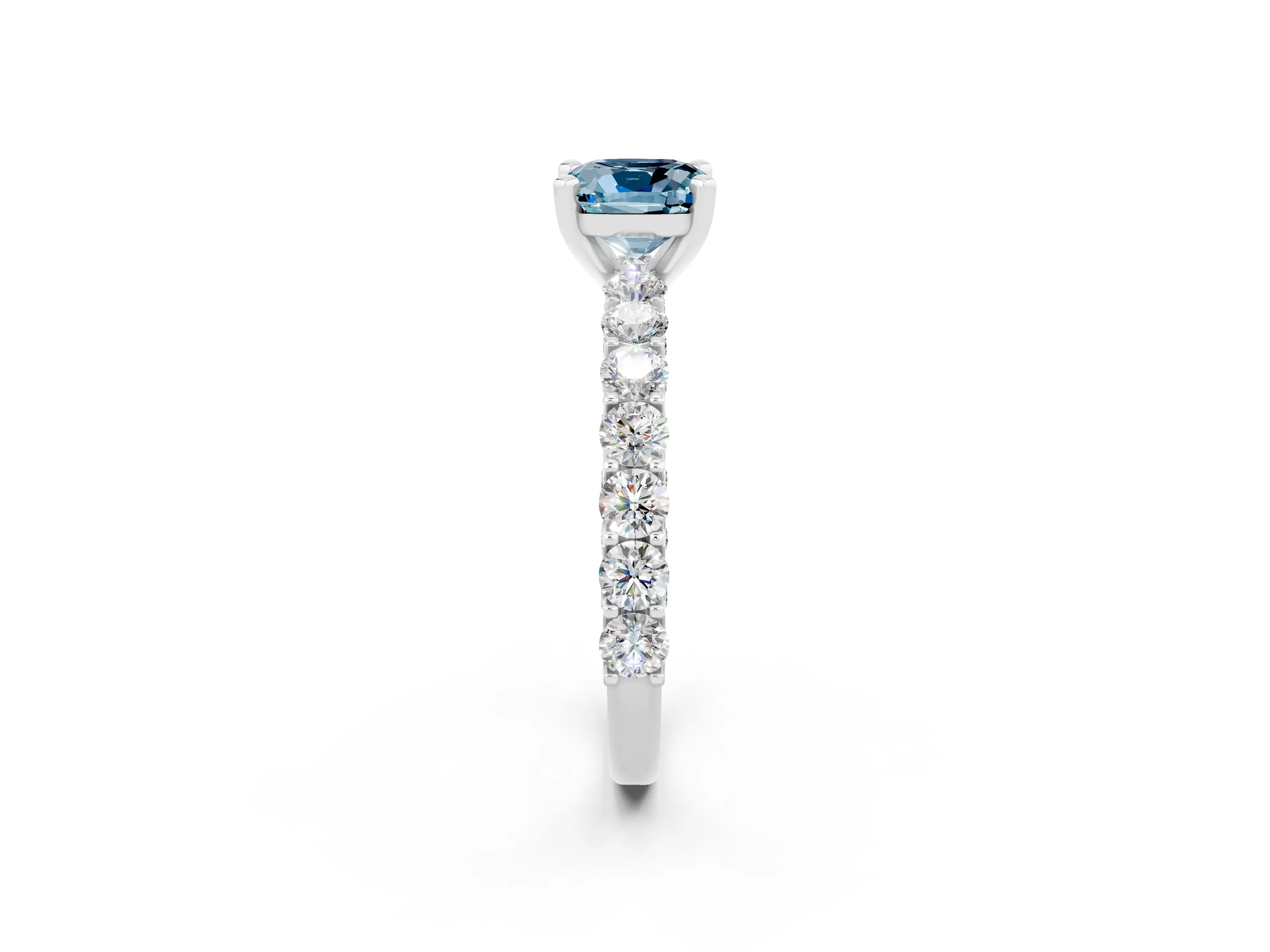 White gold Cushion Cut Aquamarine Solitaire Ring with Shared Prong Pavé Band and Four-Prong Setting_2