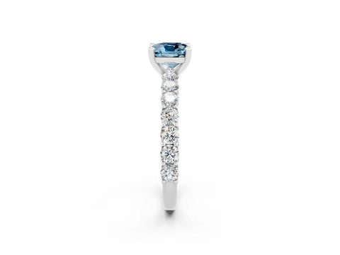 White gold Cushion Cut Aquamarine Solitaire Ring with Shared Prong Pavé Band and Four-Prong Setting_2