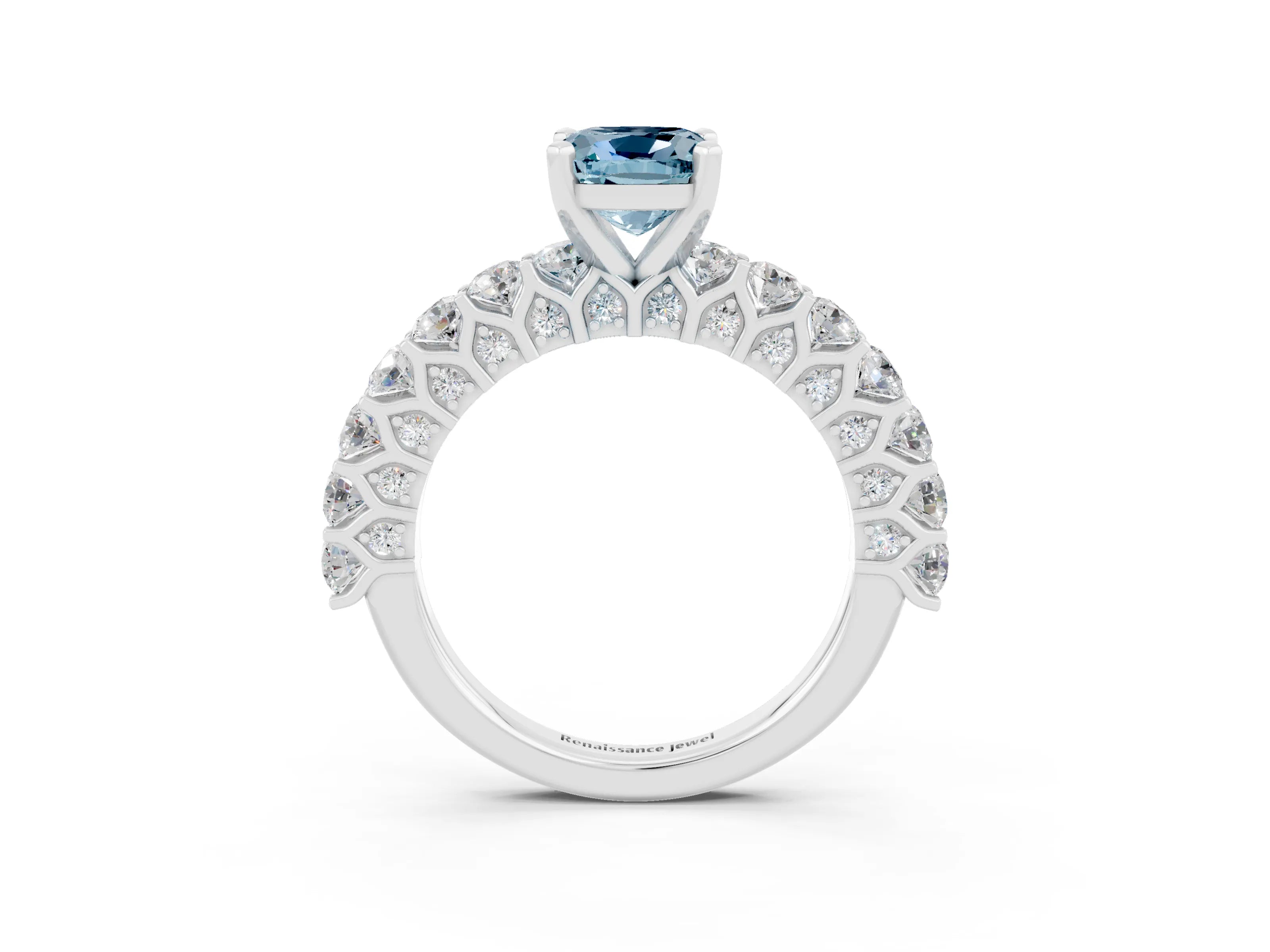 White gold Cushion Cut Aquamarine Solitaire Ring with Shared Prong Pavé Band and Four-Prong Setting_3