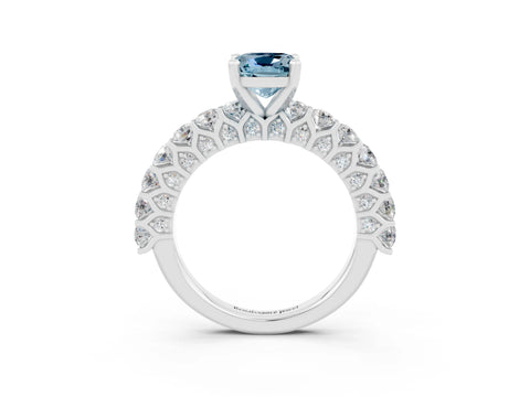 White gold Cushion Cut Aquamarine Solitaire Ring with Shared Prong Pavé Band and Four-Prong Setting_3
