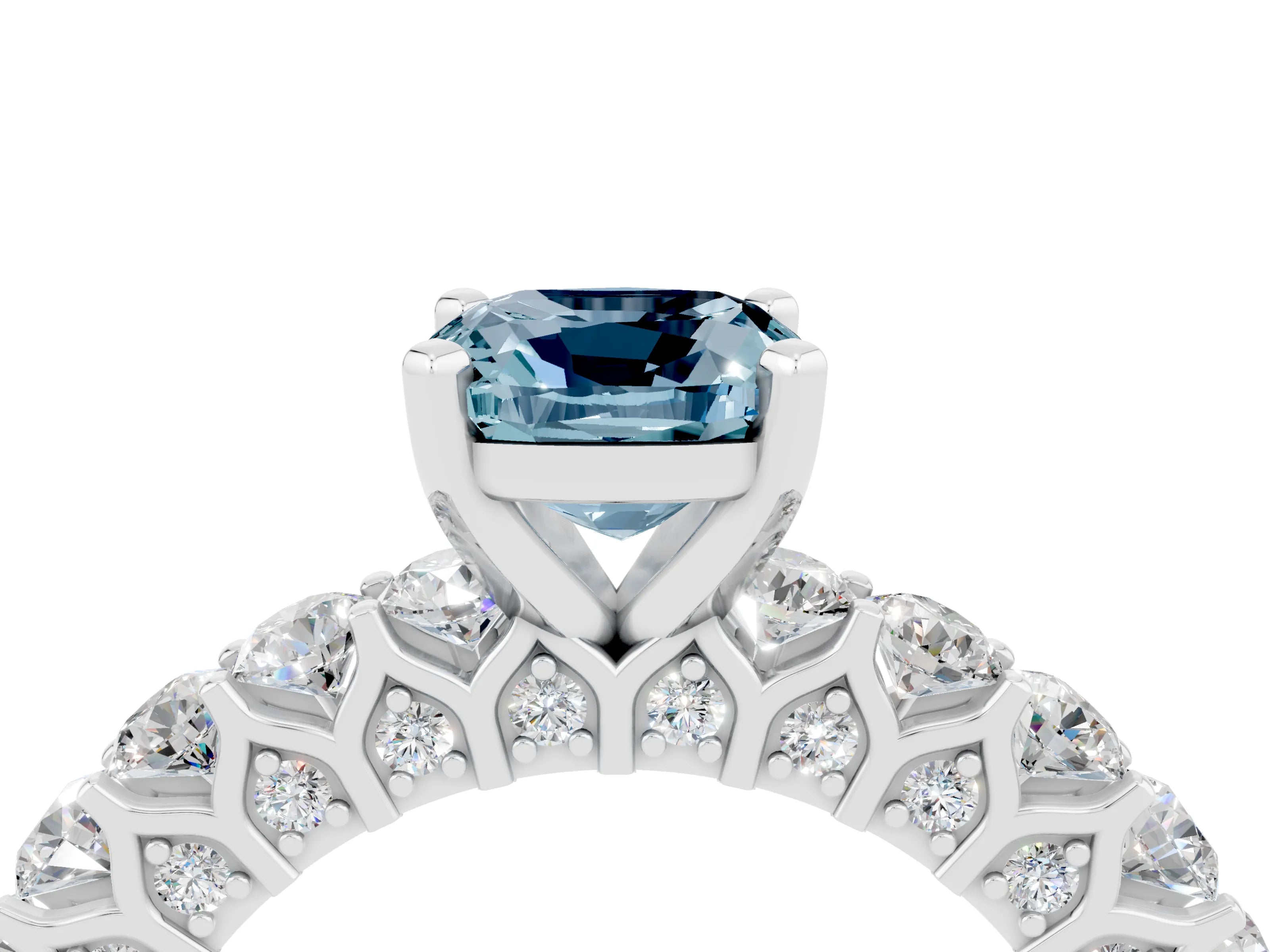 White gold Cushion Cut Aquamarine Solitaire Ring with Shared Prong Pavé Band and Four-Prong Setting_4