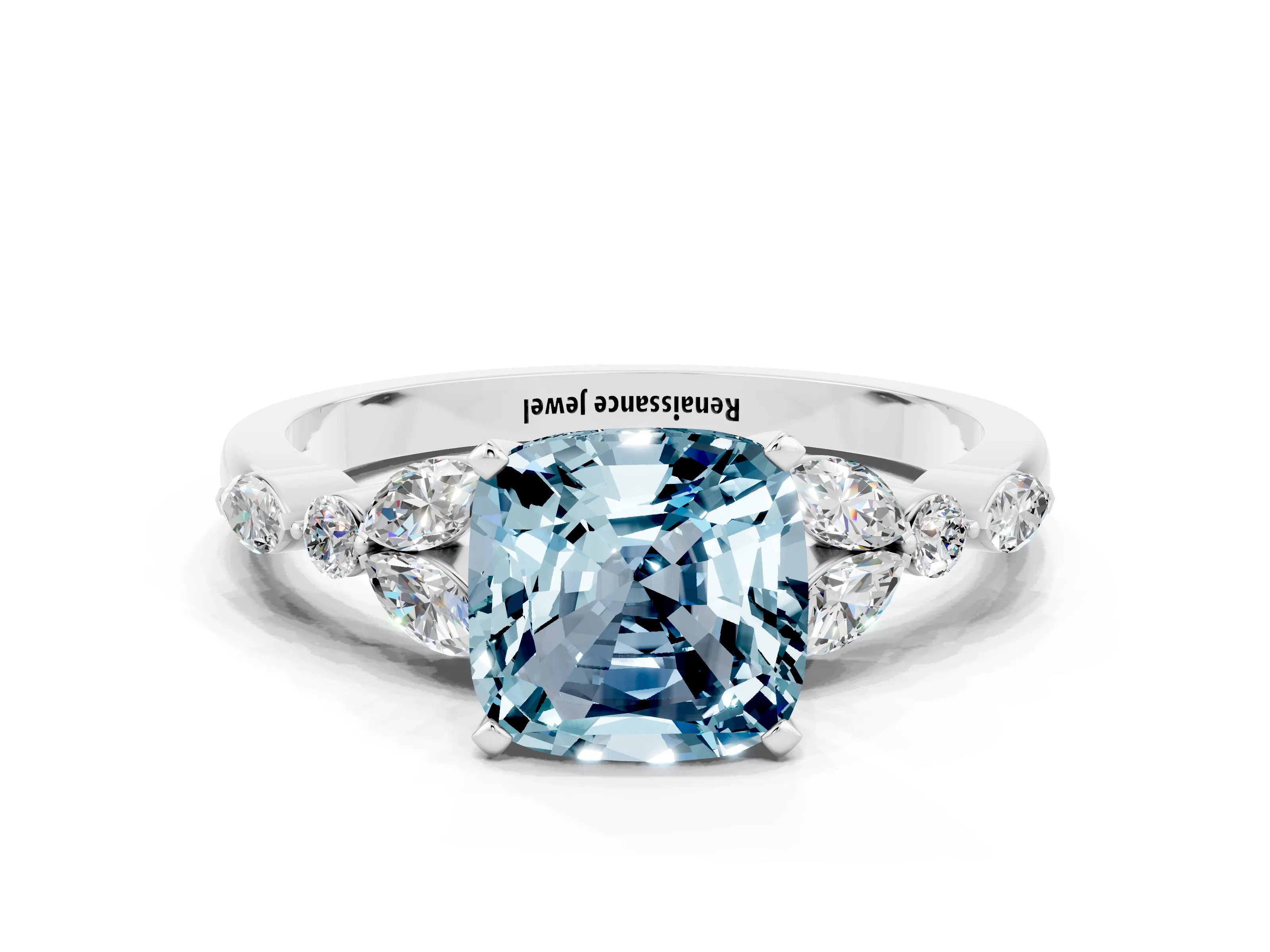 White gold Cushion Cut Aquamarine Solitaire Ring with Side Stones and Four-Prong Setting_12