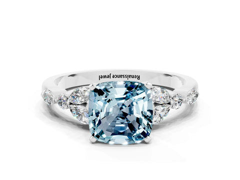 White gold Cushion Cut Aquamarine Solitaire Ring with Side Stones and Four-Prong Setting_12