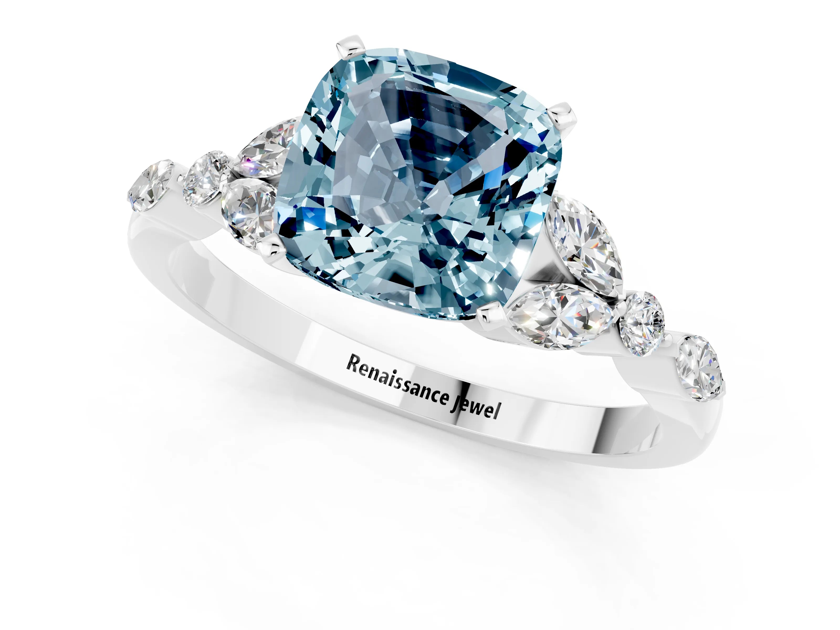 White gold Cushion Cut Aquamarine Solitaire Ring with Side Stones and Four-Prong Setting_13