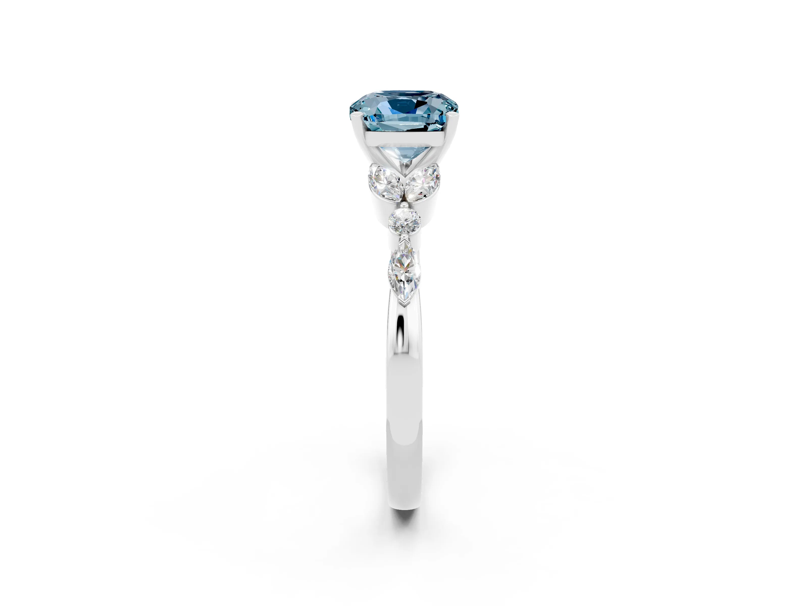 White gold Cushion Cut Aquamarine Solitaire Ring with Side Stones and Four-Prong Setting_14