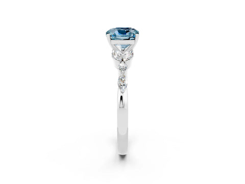 White gold Cushion Cut Aquamarine Solitaire Ring with Side Stones and Four-Prong Setting_14