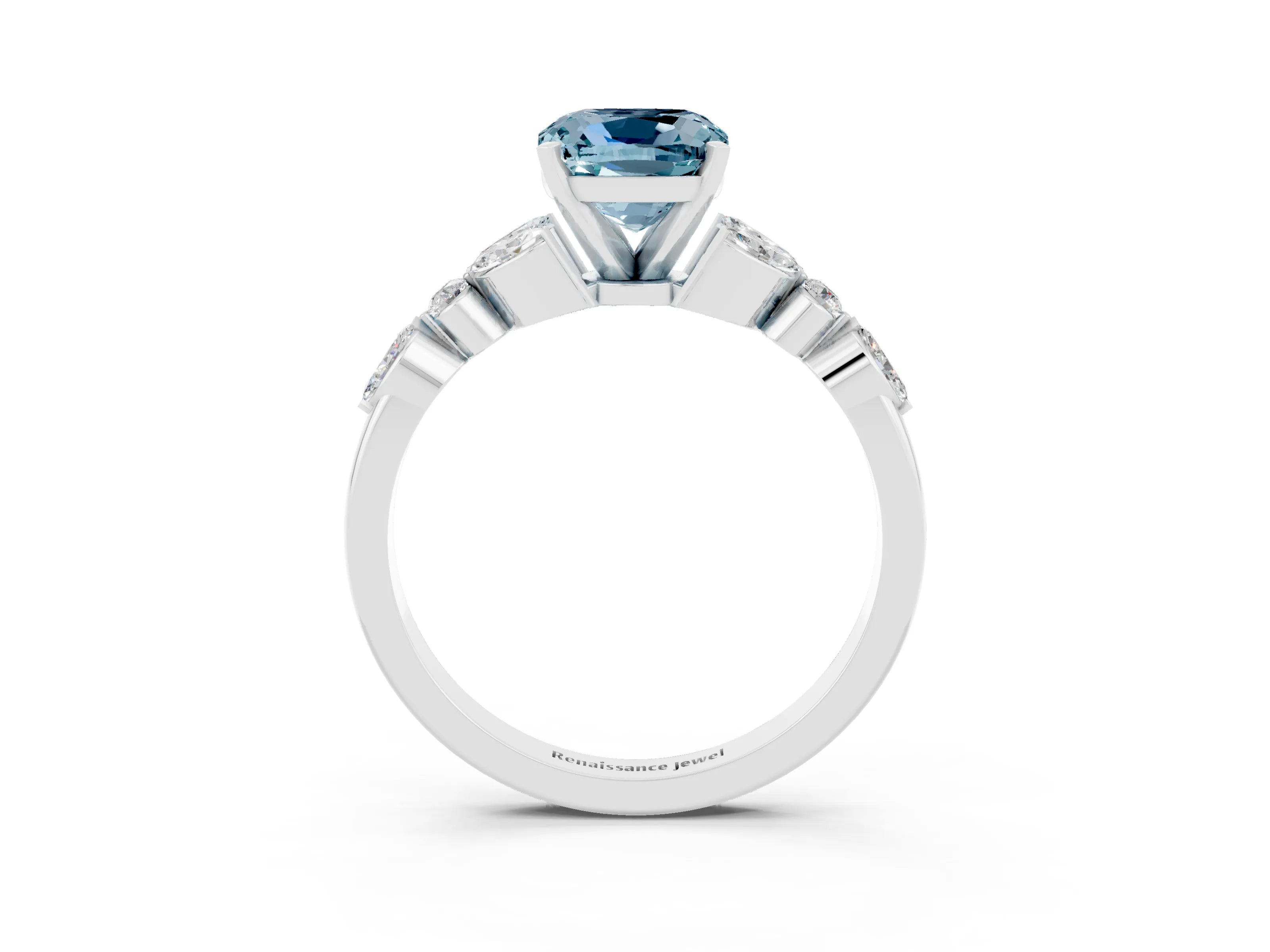 White gold Cushion Cut Aquamarine Solitaire Ring with Side Stones and Four-Prong Setting_15