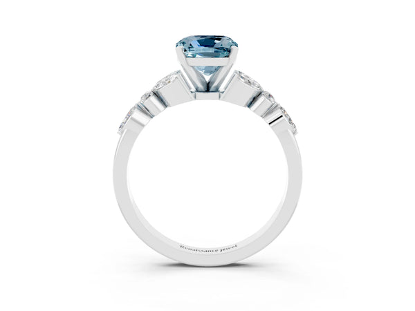 Platinum Cushion Cut Aquamarine Solitaire Ring with Side Stones and Four-Prong Setting
