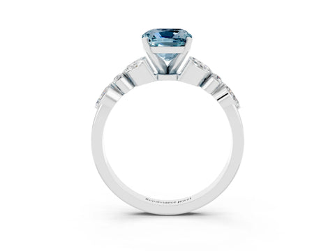 White gold Cushion Cut Aquamarine Solitaire Ring with Side Stones and Four-Prong Setting_15