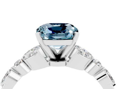 White gold Cushion Cut Aquamarine Solitaire Ring with Side Stones and Four-Prong Setting_16