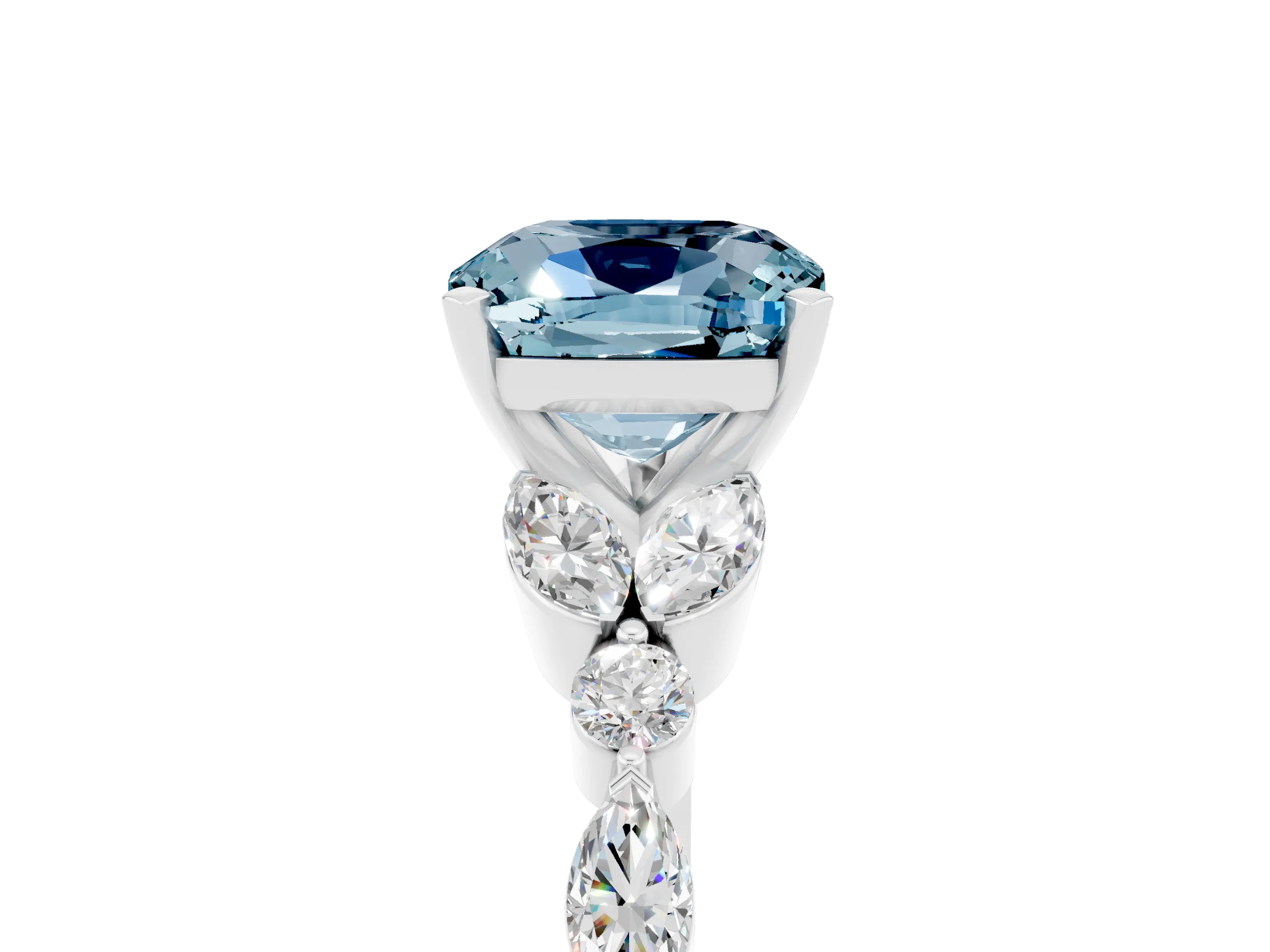 White gold Cushion Cut Aquamarine Solitaire Ring with Side Stones and Four-Prong Setting_17