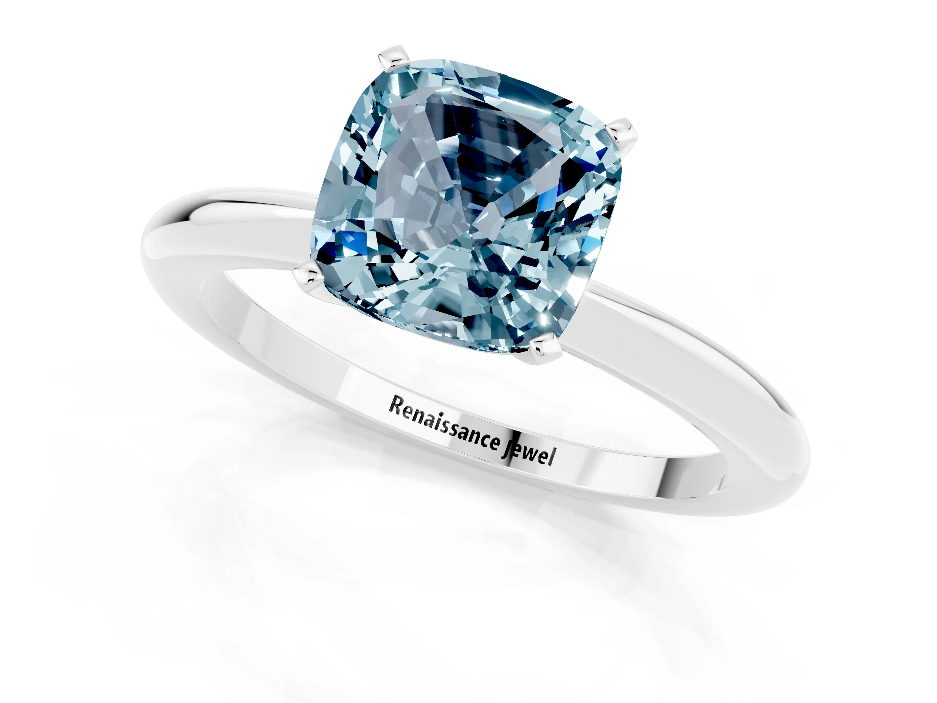 White gold Cushion Cut Aquamarine Solitaire Ring with Six-Prong Setting and Classic Band_1
