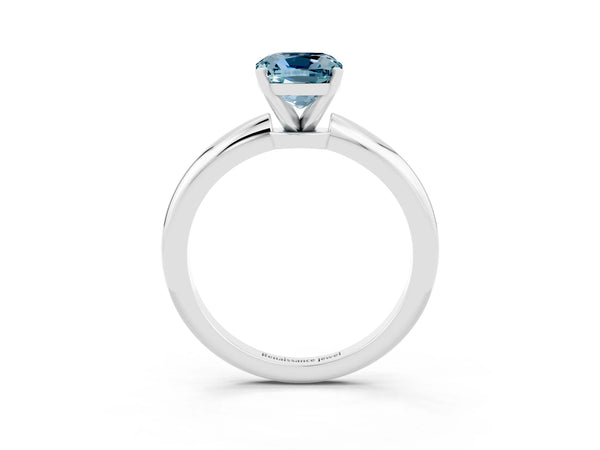Platinum Cushion Cut Aquamarine Solitaire Ring with Six-Prong Setting and Classic Band