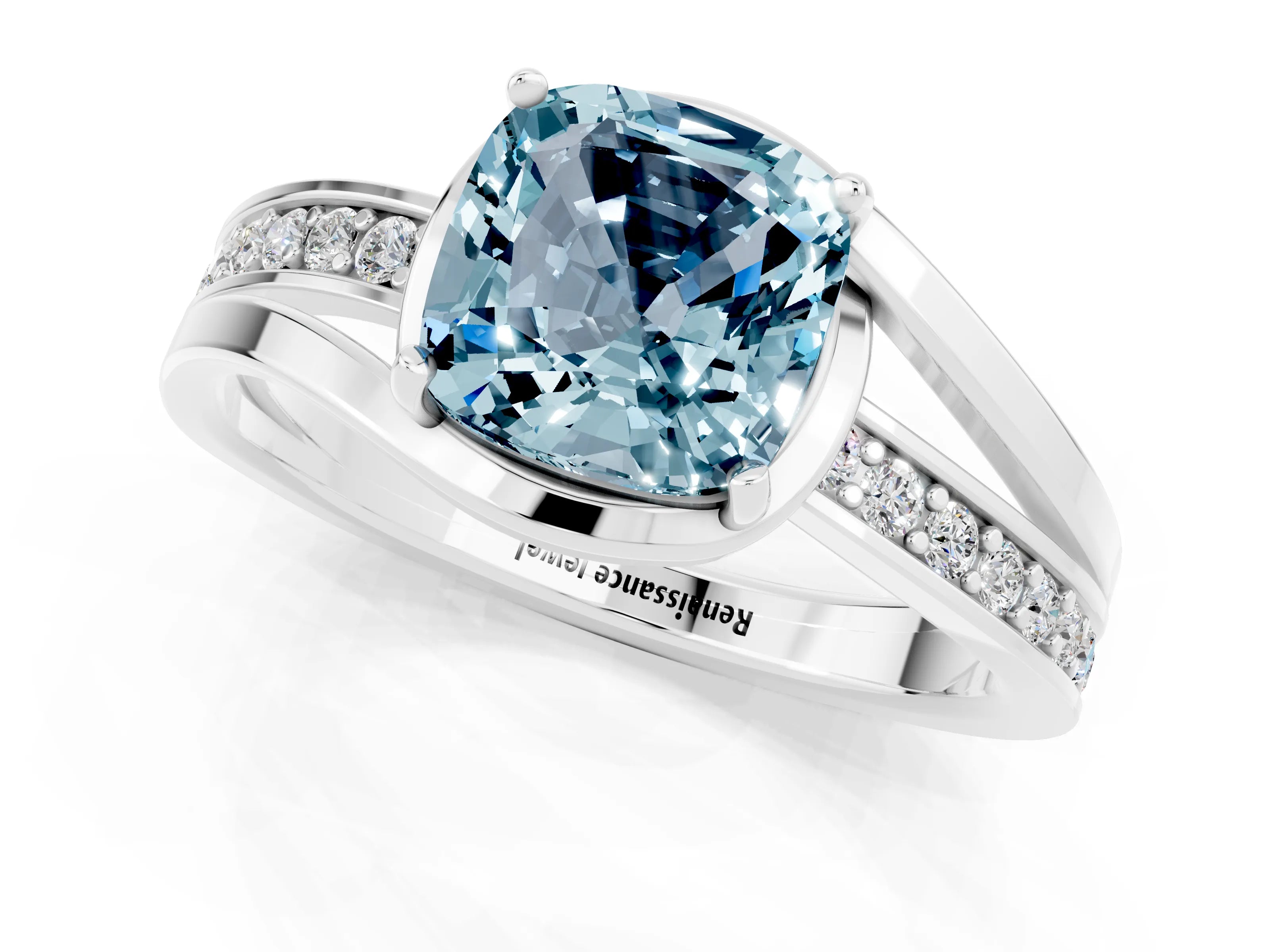 White gold Cushion Cut Aquamarine Solitaire Ring with Split Shank and Prong Setting_1