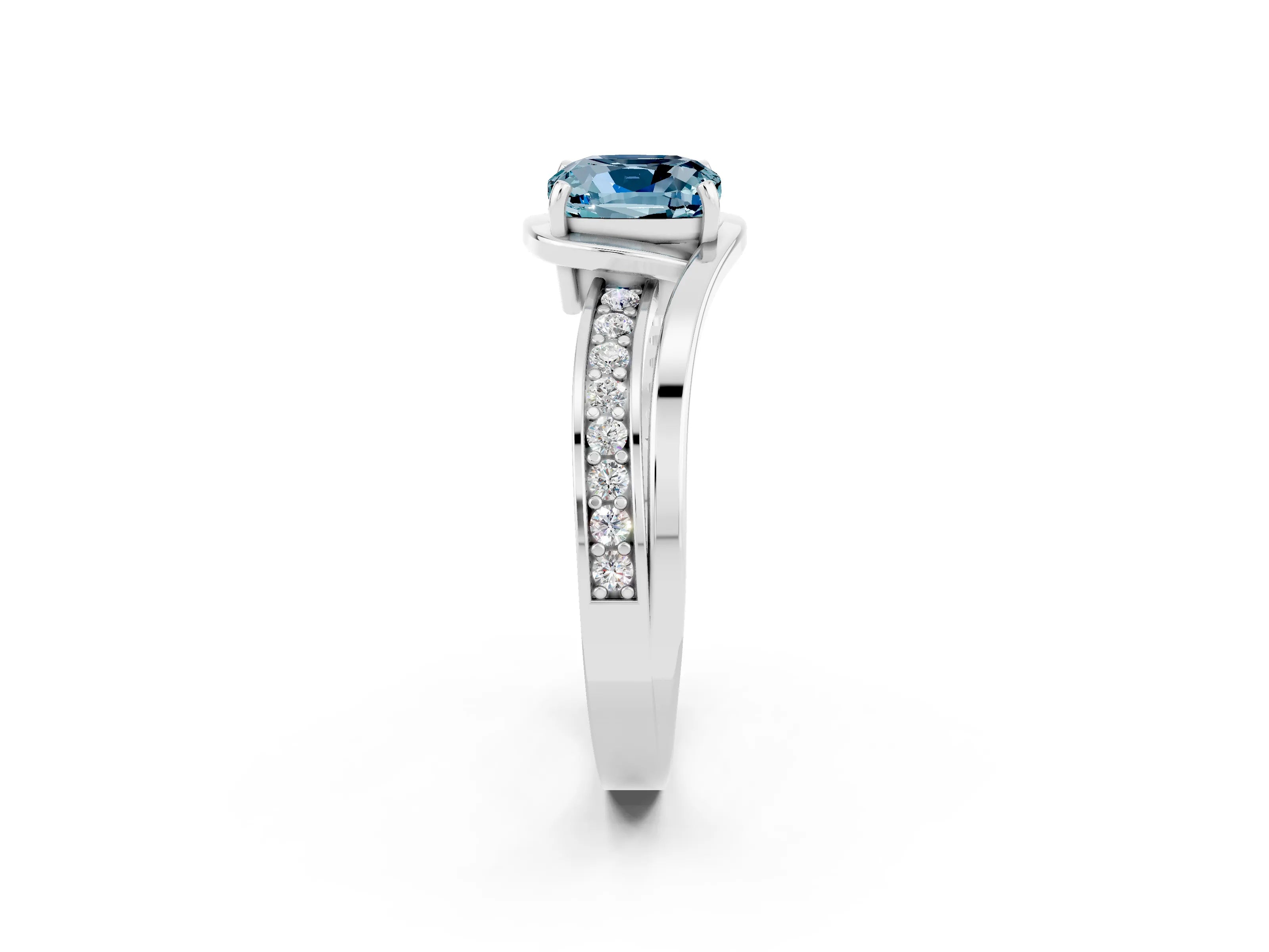 White gold Cushion Cut Aquamarine Solitaire Ring with Split Shank and Prong Setting_2