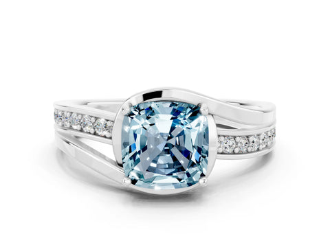 White gold Cushion Cut Aquamarine Solitaire Ring with Split Shank and Prong Setting