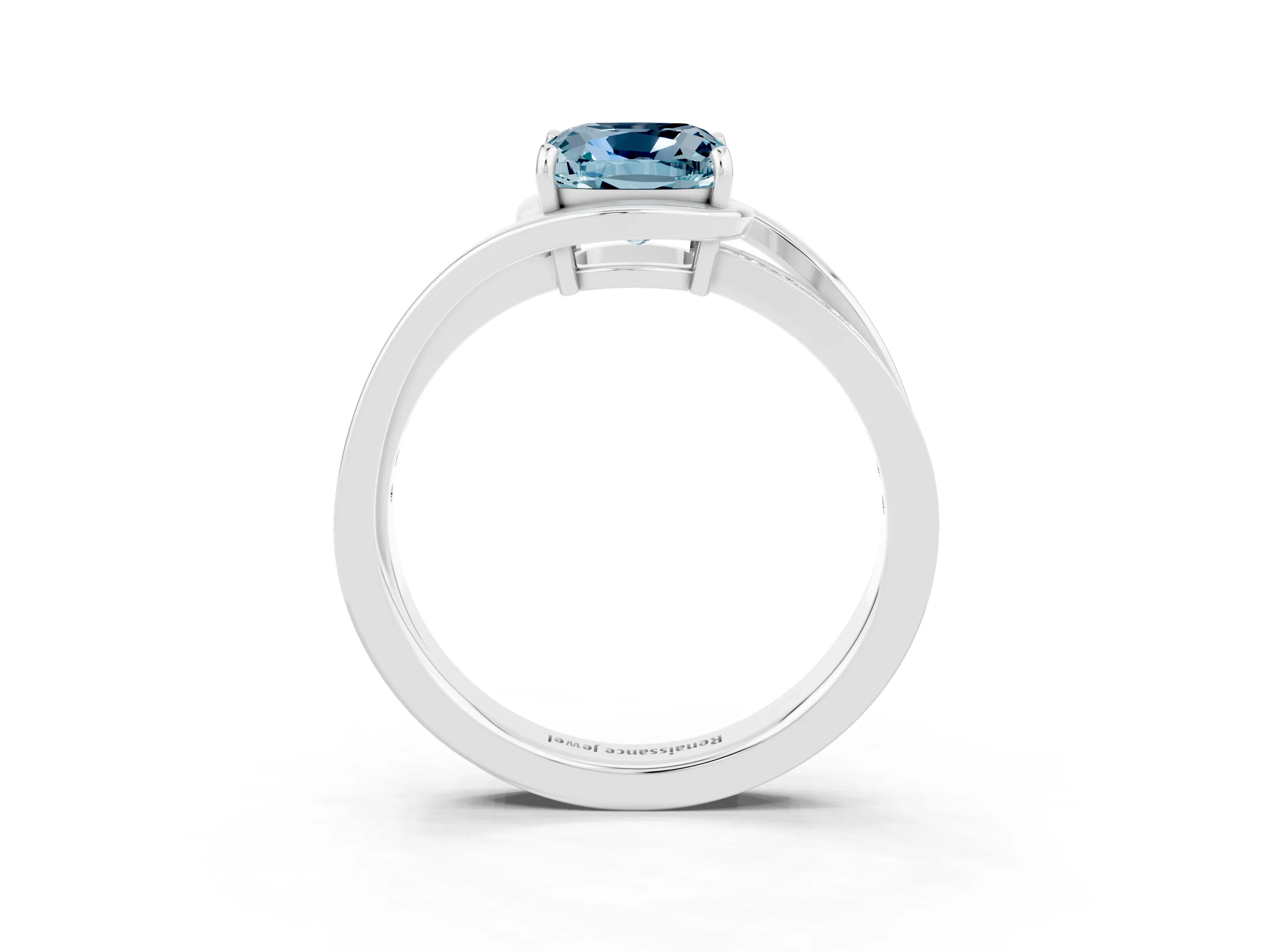 White gold Cushion Cut Aquamarine Solitaire Ring with Split Shank and Prong Setting_3
