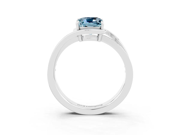 White gold Cushion Cut Aquamarine Solitaire Ring with Split Shank and Prong Setting