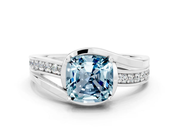 Silver Cushion Cut Aquamarine Solitaire Ring with Split Shank and Prong Setting