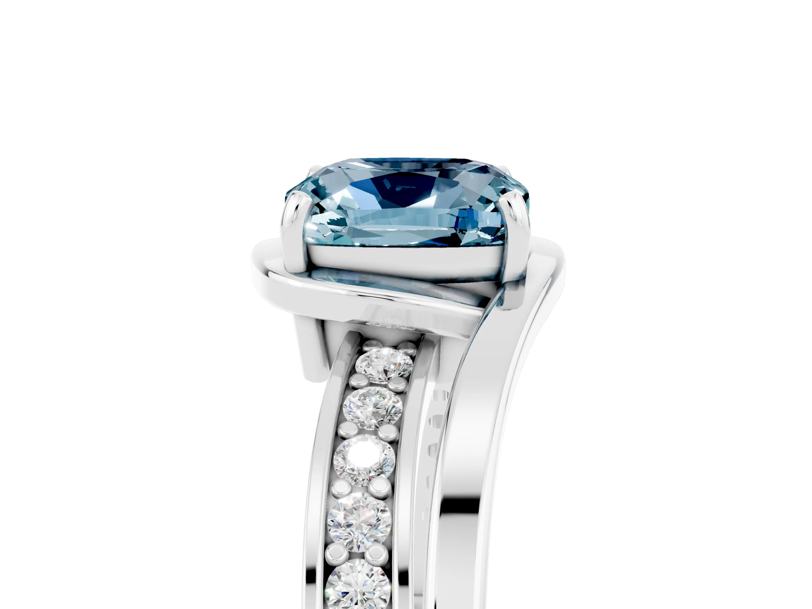 White gold Cushion Cut Aquamarine Solitaire Ring with Split Shank and Prong Setting_5