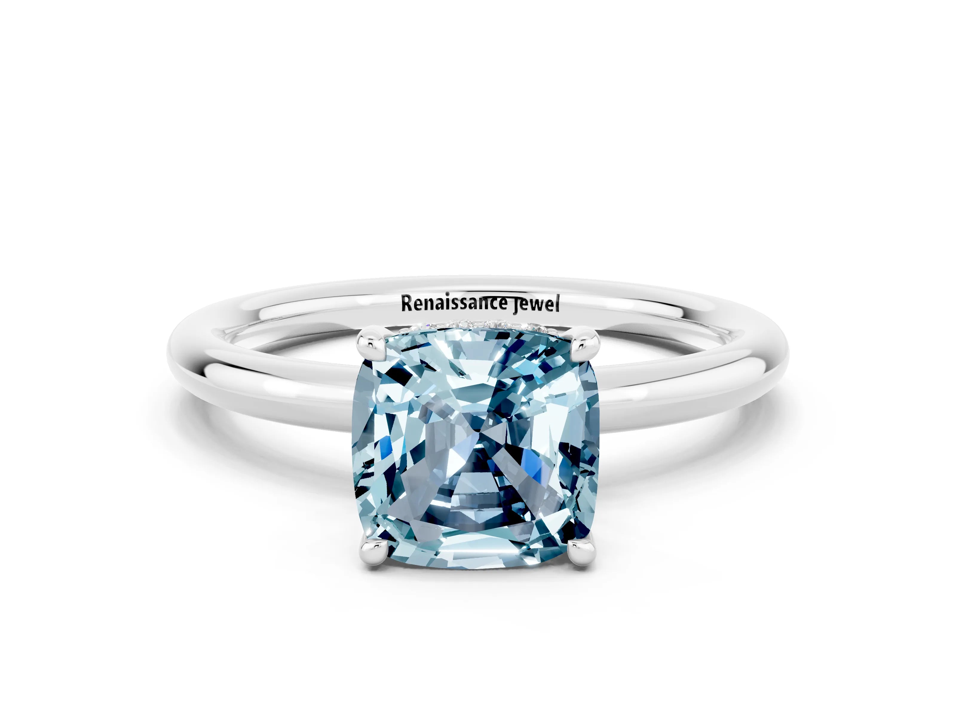 White gold Cushion Cut Aquamarine Solitaire Ring with Thin Band and Four-Prong Setting
