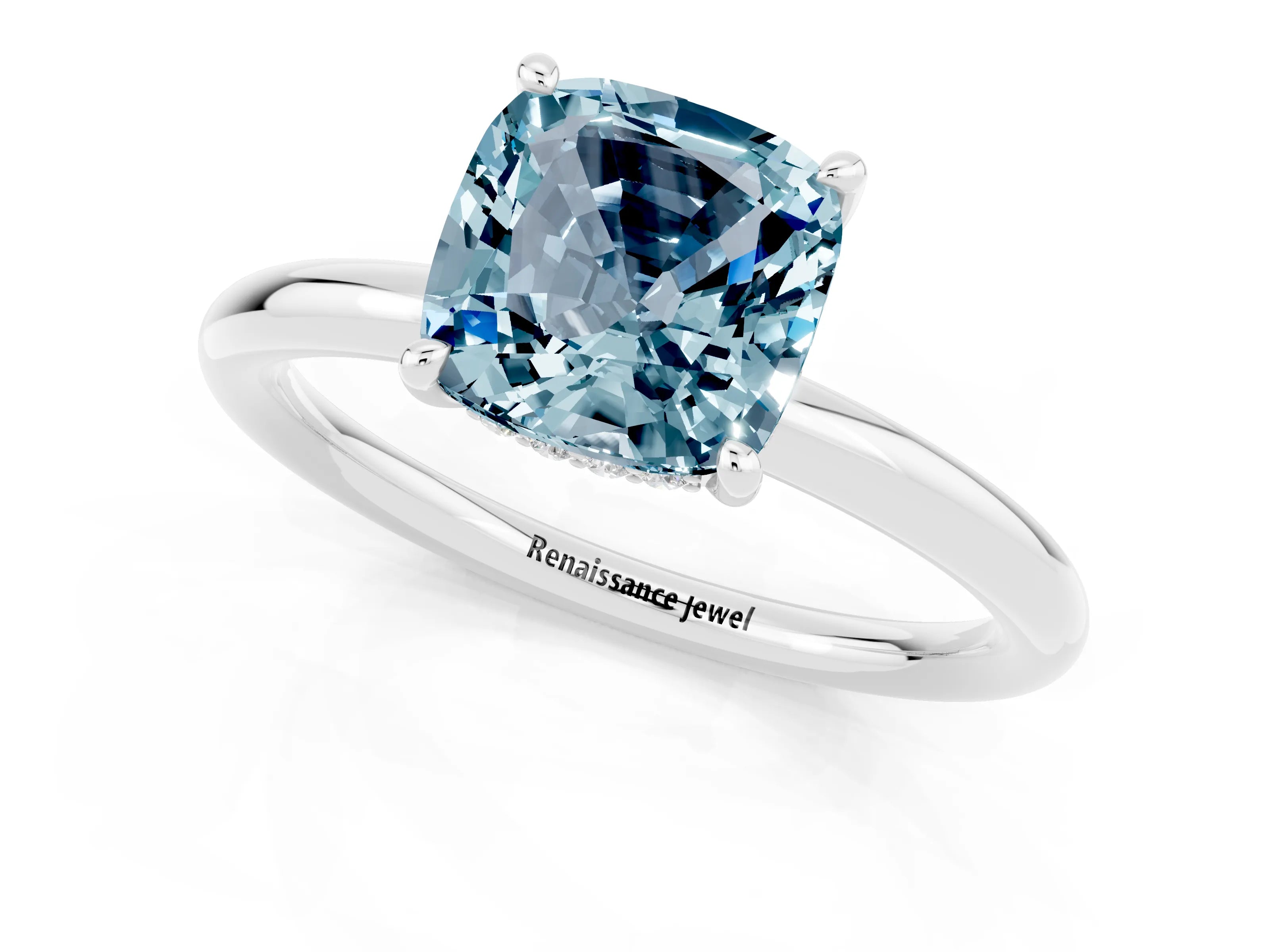 White gold Cushion Cut Aquamarine Solitaire Ring with Thin Band and Four-Prong Setting_1