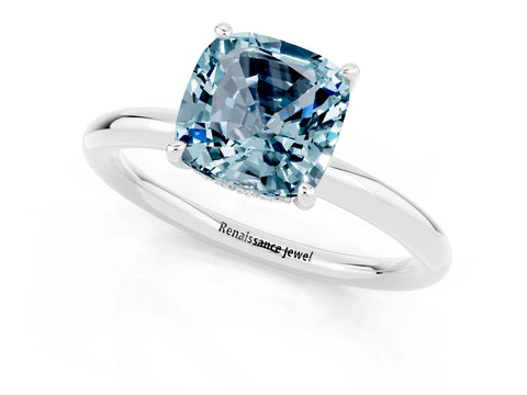 White gold Cushion Cut Aquamarine Solitaire Ring with Thin Band and Four-Prong Setting_1