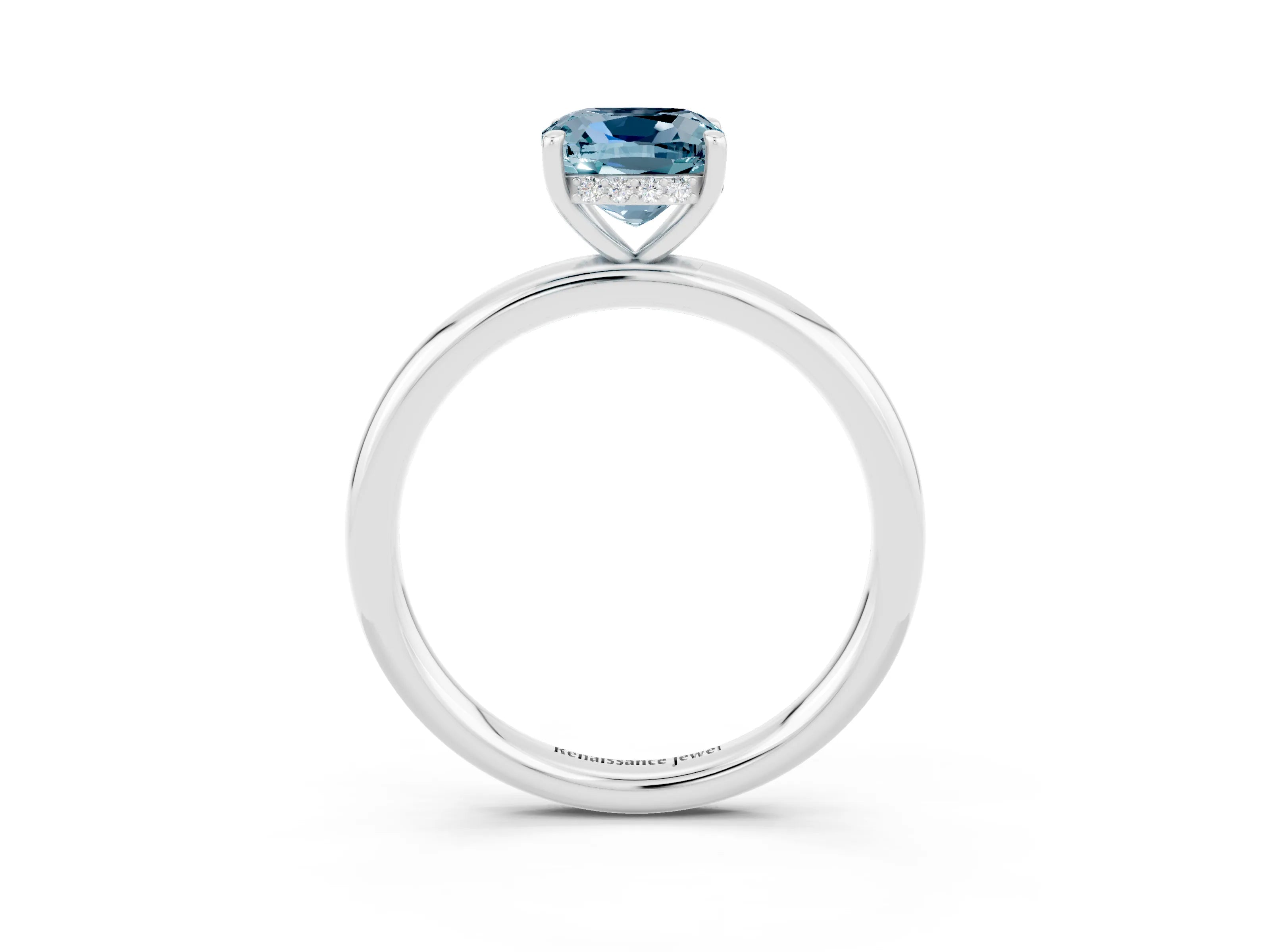 White gold Cushion Cut Aquamarine Solitaire Ring with Thin Band and Four-Prong Setting_3