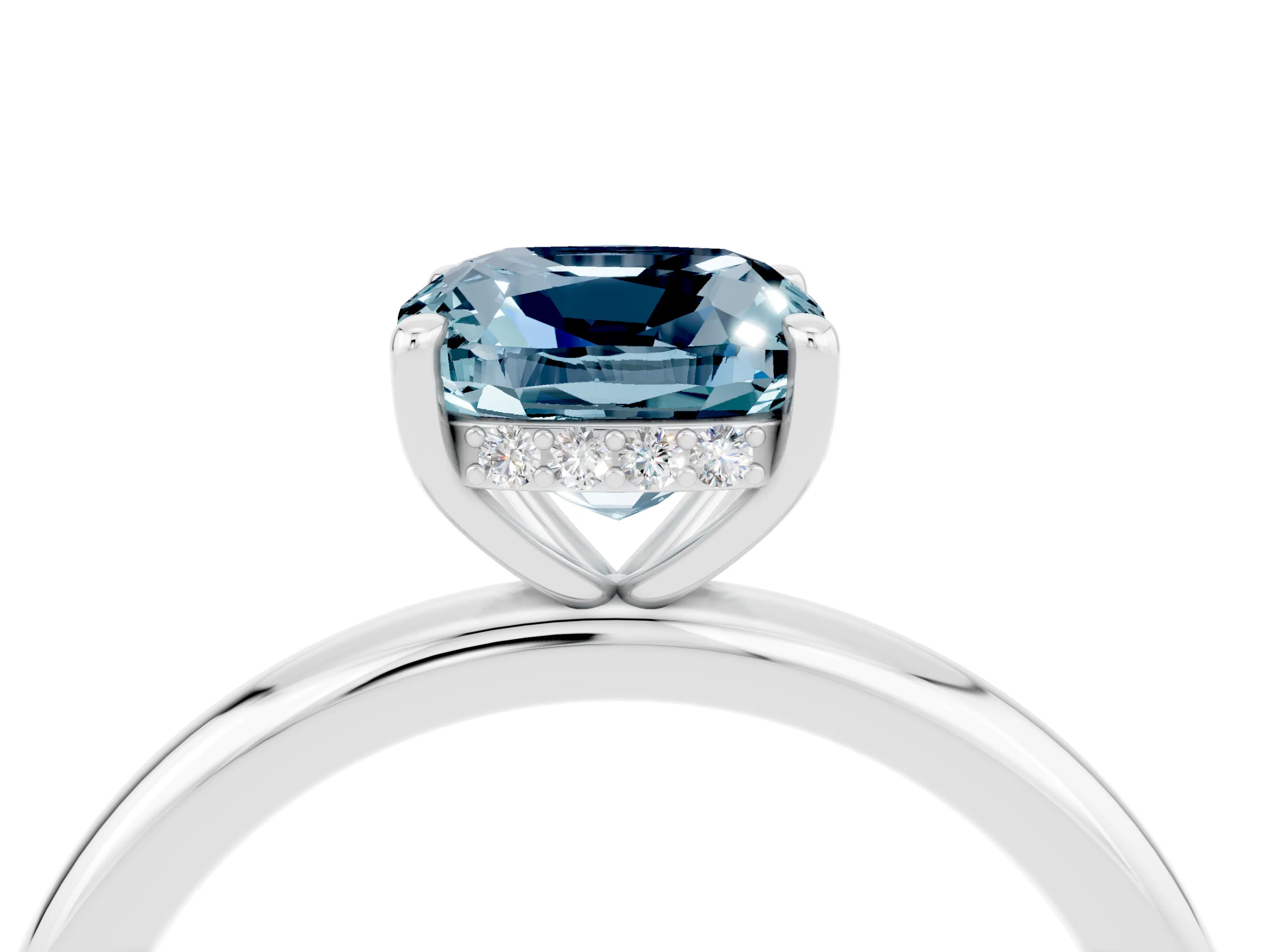 White gold Cushion Cut Aquamarine Solitaire Ring with Thin Band and Four-Prong Setting_4