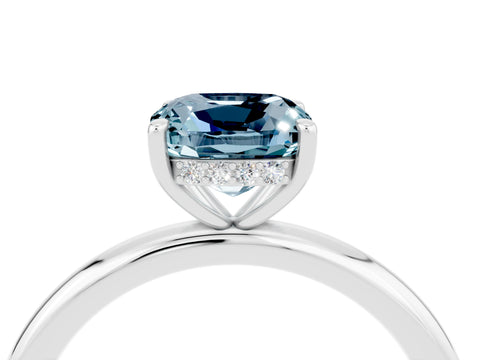 White gold Cushion Cut Aquamarine Solitaire Ring with Thin Band and Four-Prong Setting_4