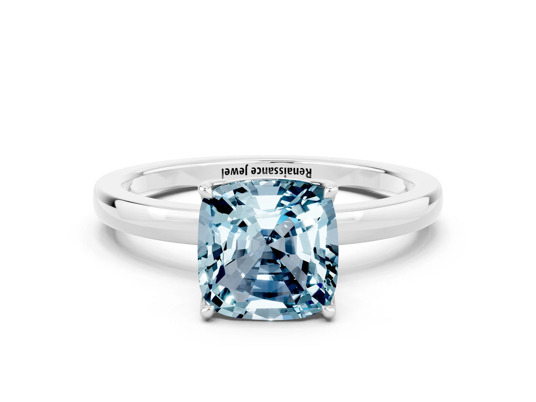 White gold Cushion Cut Aquamarine Solitaire Ring with Thin Band and Prong Setting_12