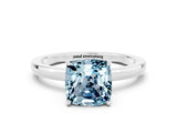 White gold Cushion Cut Aquamarine Solitaire Ring with Thin Band and Prong Setting_12